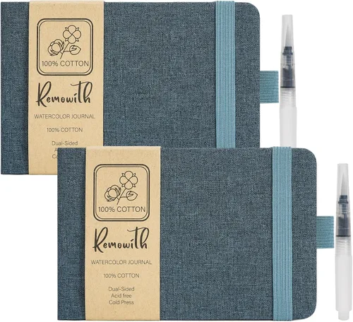 Miniatura 10 de Cuaderno de bocetos de acuarela, 5.5" x 5.5" Libros de bocetos para artistas, cuaderno de papel de acuarela de algodón, cubierta de lino con pluma