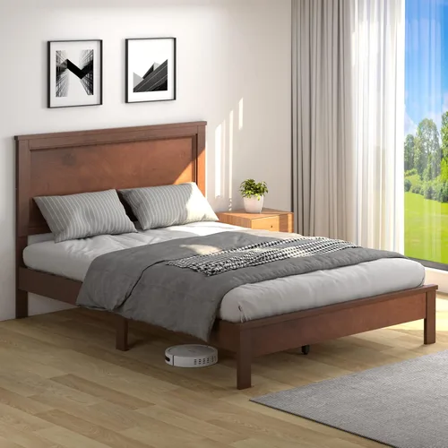 Miniatura 4 de KOMFOTT Armazón de Cama de Plataforma de Madera Tamaño Twin con Cabecero, Cama de Plataforma de Madera de Mediados del Siglo con Soporte de Listones