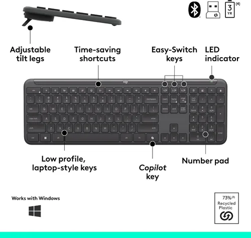 Miniatura 6 de Logitech Signature Slim MK955 Combo para Negocios Edición Copilot, Copilot de Microsoft, Copilot en Windows, Teclado y Mouse Inalámbricos