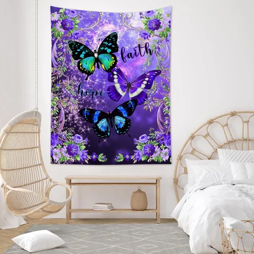 LB Tapiz pequeño de mariposa colorido para colgar en la pared, diseño psicodélico de flores silvestres 3D, mariposas de fantasía floral, arte de