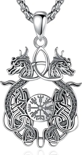 EUDORA Sterling Silver Viking Compass Dragon Valknut Knot Wolf Necklace for Women Men,Viking Vegvisir Norse Amulet Energy Rune Pendant Vintage