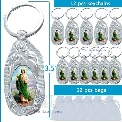 Miniatura 2 de 12 piezas de anillo de metal de San Judas Keychian favores de bautismo para niños y niñas Recuerdos de Bautizo San Judas (Wht)