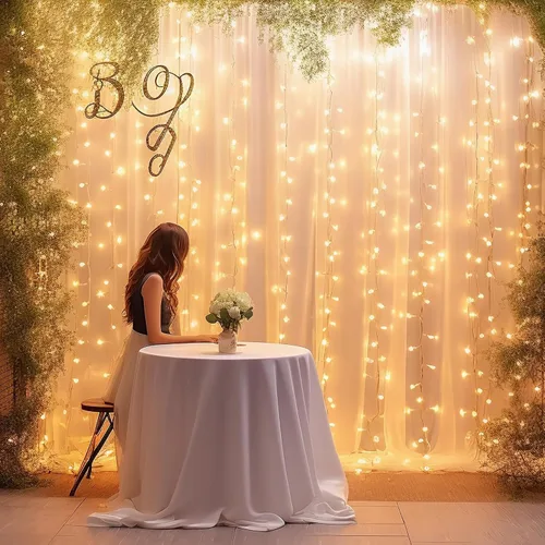Cortina de tul transparente color champán con cuerda de luces, decoración de telón de fondo de boda para recepción, ceremonia, hogar, fiesta, sesión