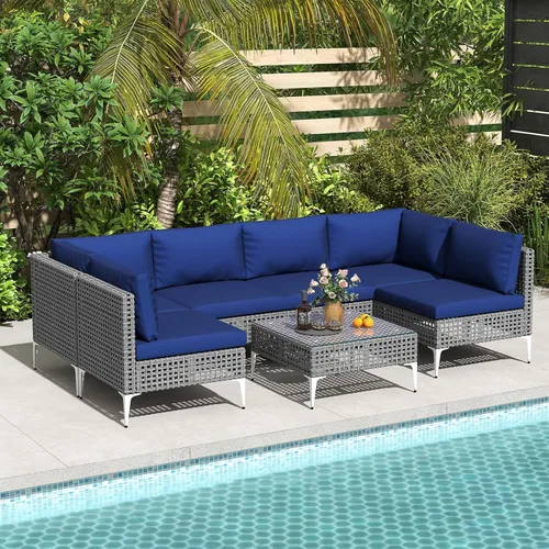 Miniatura 11 de Tangkula Juego de muebles de patio de 3 piezas, sillas de conversación de ratán PE con mesa de centro de vidrio templado, respaldo suave y cojines