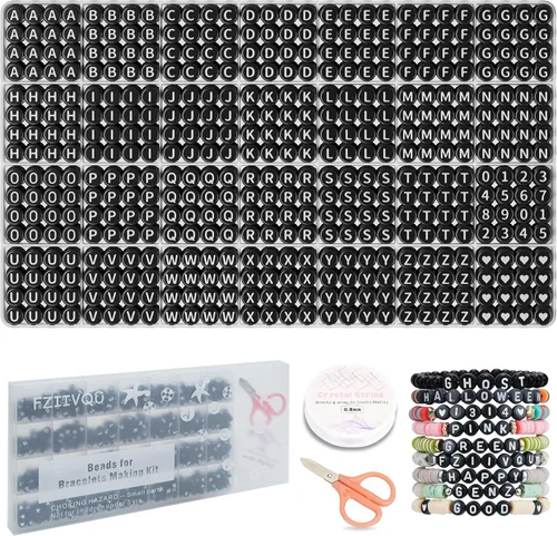 Miniatura 12 de FZIIVQU Kit de 1450 Piezas de Cuentas de Letras, 4x7 mm Cuentas de Alfabeto de Acrílico Blanco para Hacer Joyas, Cuentas de Corazón de Número