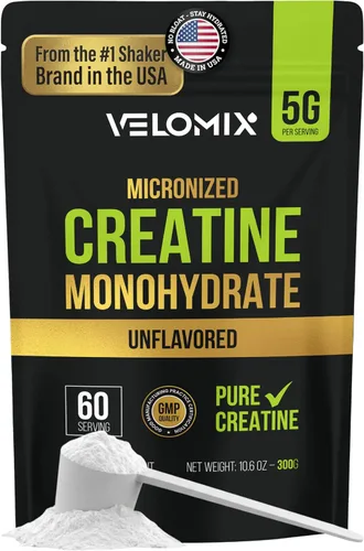 VELOMIX Polvo de monohidrato de creatina micronizada – Polvo de creatina 100% puro sin sabor y fácil de mezclar | Apoya el crecimiento muscular, la