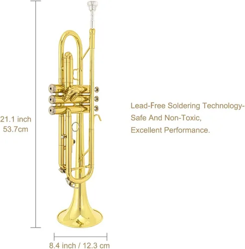 Miniatura 5 de Instrumento de trompeta, instrumentos musicales de banda y orquesta para principiantes, con estuche para trompeta, boquilla, paño y guantes (dorado)