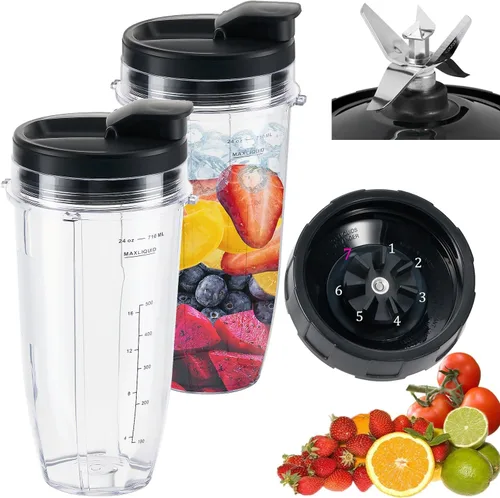 Miniatura 9 de Cuchilla macho de repuesto de 7 aletas y vaso de licuadora de 24 onzas con tapa compatible con Nutri Ninja Blender