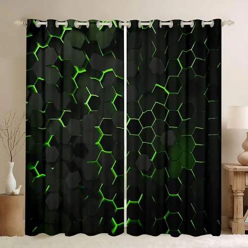 Miniatura 16 de Manfei Cortinas opacas negras de panal de abeja con luces de neón azul real, tratamientos de ventana con estampado geométrico hexagonal, decoración