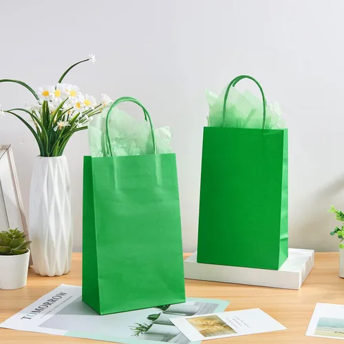 Miniatura 4 de DjinnGlory Paquete de 24 pequeñas bolsas de regalo de papel verde con asas y papel de seda para recuerdos de fiesta, golosinas, pequeñas empresas
