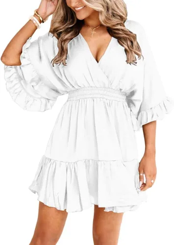 Aoysky Vestidos casuales con cuello en V para mujer, de verano, holgado, cintura alta, volantes, plisado, lindo vestido corto