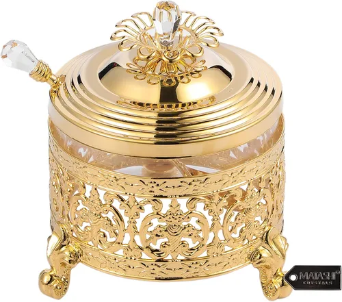 Matashi Azucarero chapado en oro de 24 quilates, cuenco de vidrio con miel, diseño floral intrincado con cuchara tachonada de cristal, cumpleaños,