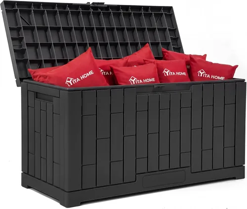 Miniatura 27 de YITAHOME Caja grande de resina de 100 galones, cajas de almacenamiento al aire libre para muebles de patio, cojines de exterior, herramientas