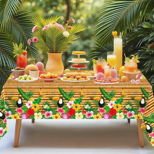 Miniatura 6 de Paquete de 2 manteles hawaianos Luau para decoración de fiesta, 54 x 108 pulgadas, mantel Tiki Tropical de plástico, mantel desechable Hawaii Aloha