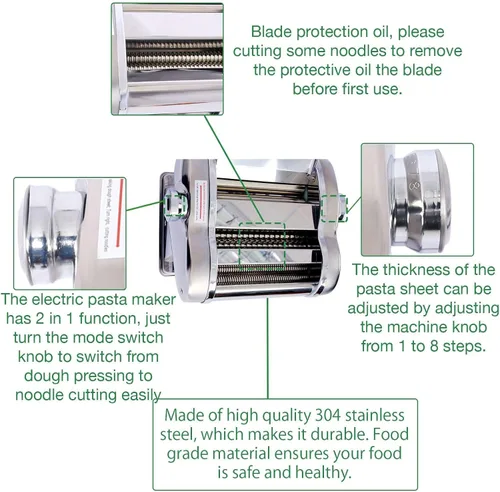 Miniatura 4 de Máquina eléctrica de pasta, máquina de rodillos de acero inoxidable, 2 cuchillas para fideos redondos delgados de 0.059 in y planos de 0.157 in