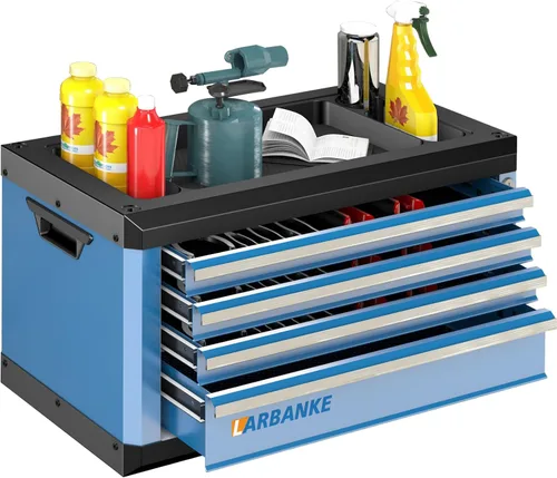 Caja de herramientas de 4 cajones con cerradura y llaves, caja de herramientas portátil con encimera multifuncional, con forro de cajón y orificios