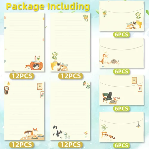 Miniatura 5 de 72 piezas de papel de escritura y sobres de gato lindo, juego de papelería de 8.3 x 5.6 pulgadas, 48 hojas rayadas y 24 sobres, diseño de gatito