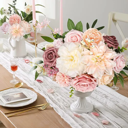 Miniatura 3 de AmyHomie - Juego de flores artificiales color rosa pálido y champán, flores de seda falsas, peonías, rosas con tallo para bricolaje, ramos de boda
