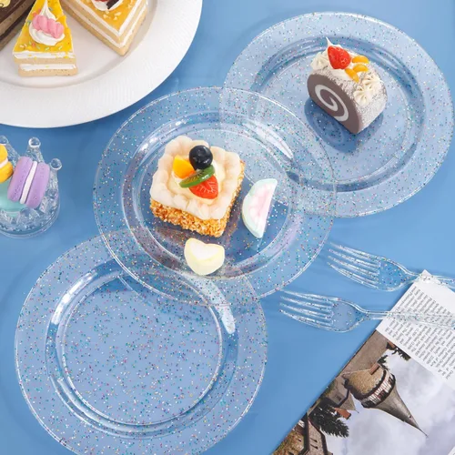 Miniatura 4 de Liacere 100 piezas de platos de plástico con purpurina de colores - transparentes - platos de postre - platos de cena de 7.5 pulgadas con purpurina