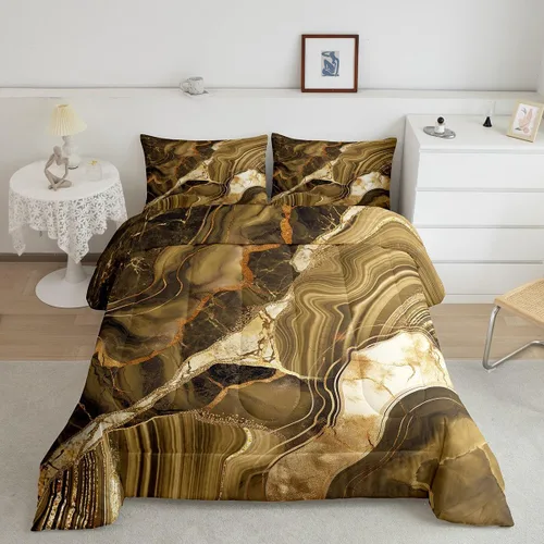 Miniatura 15 de Juego de edredón de mármol negro individual, ropa de cama dorada agrietada para adultos, hombres y mujeres, juegos de edredón de textura metálica