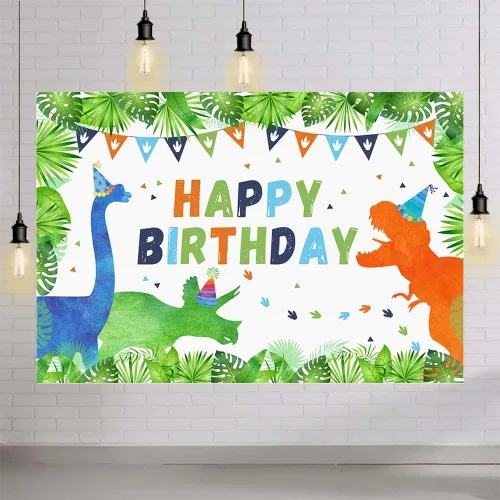 Miniatura 4 de AIBIIN Fondo de cumpleaños de dinosaurios de 7 x 5 pies para niños y niñas, dinosaurios, plantas del bosque, banderas, fondo de fotografía