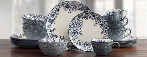 Miniatura 7 de Pfaltzgraff Gabriela Blue - Juego de vajilla de 16 piezas, servicio para 4, platos, tazones y tazas de gres duradero con elegante patrón azul, apto