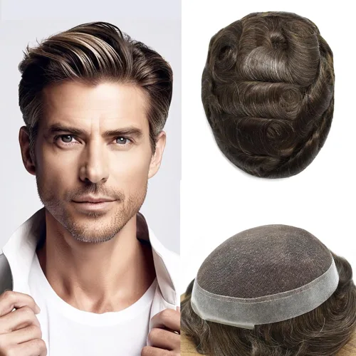 Miniatura 58 de Toupee para hombres Sistema de reemplazo de cabello humano real pieza de cabello humano para hombres encaje suizo para hombre Toupee Hair Pieces