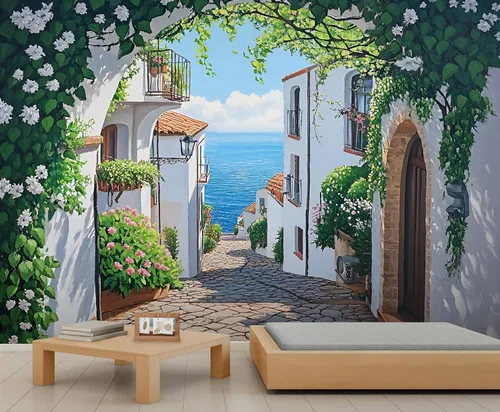 Miniatura 18 de Papel tapiz 3D de bicicleta rosa vintage, murales de flores de paisaje de primavera para sala de estar, pintura al óleo, papel tapiz rústico
