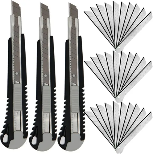 Miniatura 10 de Cuchillo utilitario de 0.354 in a presión, paquete de 3 cortadores retráctiles de alta dureza con 30 cuchillas a presión, cortador de pasatiempos