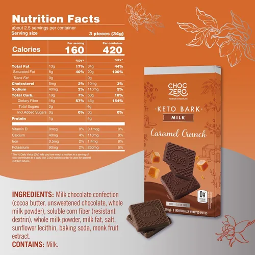 Miniatura 2 de ChocZero Corteza Crujiente de Caramelo de Chocolate con Leche, Sin Azúcar Añadida, Baja en Carbohidratos, Alta en Fibra, Apta para Keto, Sin