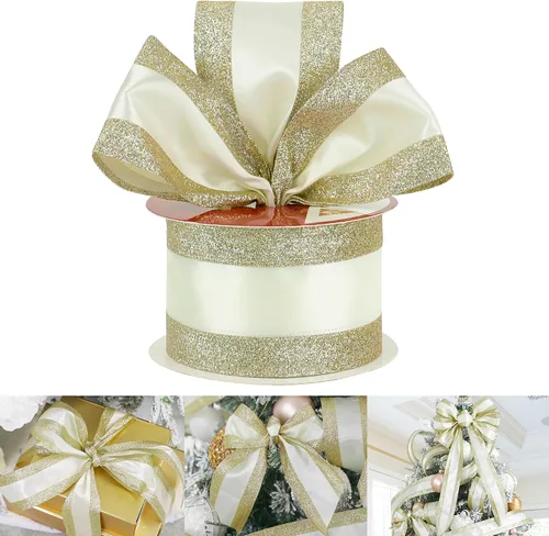 Miniatura 12 de HUIHUANG Cinta con Alambre Azul Marino y Dorado de 2.5 Pulgadas, Dorado Metálico con Cinta de Malla de Purpurina Dorada para Decoraciones de Árboles