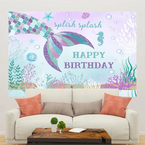 Miniatura 5 de Lofaris Telón de fondo de sirena de 5 x 3 pies con temática de cola de pez para niños y niñas bajo el mar Splish Splash Oneder The Sea 1st Bday