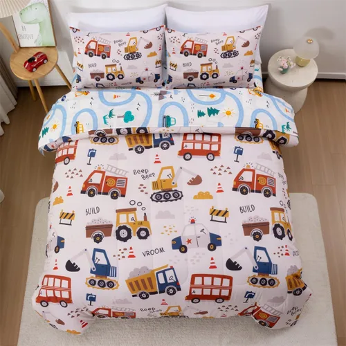 Miniatura 14 de NTBED Juego de edredón individual de 5 piezas con diseño de camión de construcción para niños varones, cama en una bolsa, vehículos excavadora, Azul