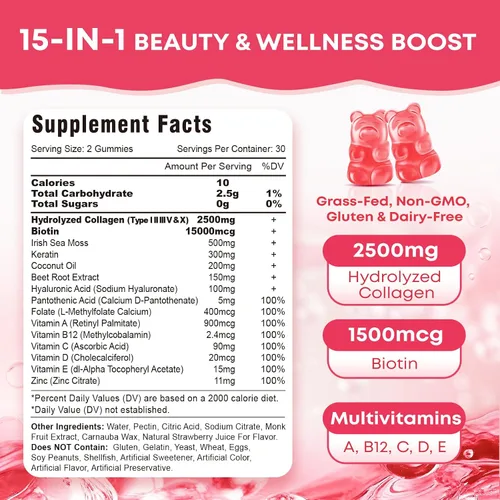 Miniatura 4 de Gomitas de péptido de colágeno para mujeres y hombres, sin azúcar, colágeno hidrolizado con biotina para cabello, piel, uñas y digestión, proteína