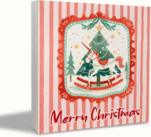 KEUSPI Cartel de madera rústica rosa con texto en inglés "Merry Christmas", decoración de escritorio de Navidad preparada, árbol de Navidad, caballo