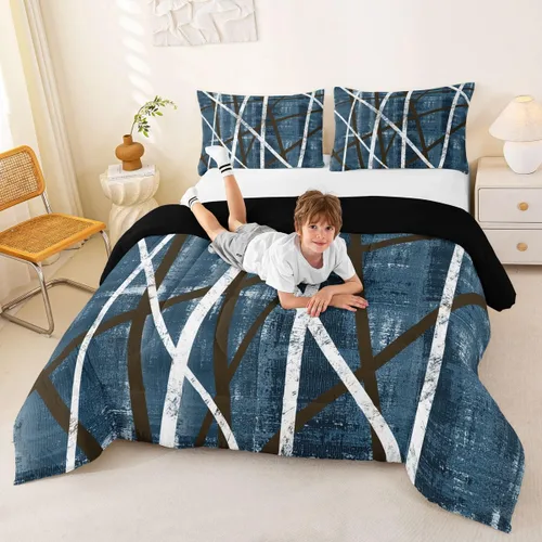 Miniatura 3 de Erosebridal Edredón azul marino tamaño individual, juego de ropa de cama a rayas de acuarela para adultos, relleno interior de edredón geométrico
