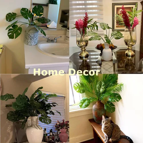Miniatura 6 de CXGS Hojas de palma de Monstera tropicales artificiales, hojas de tortuga sintética con tallos de plantas de palma falsas de tacto real, hojas Verde