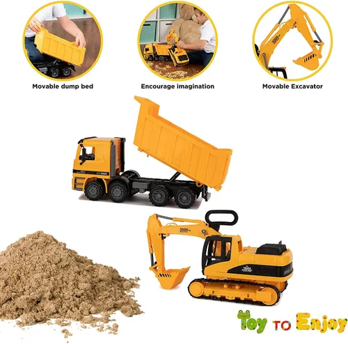 Miniatura 5 de Toy To Enjoy Juguetes de construcción – Excavadora y camión volquete de juguete para niños (juego de 2) – Garra movible y elevación trasera – Camión