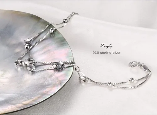 Miniatura 4 de LINGBG JEWELRY Pulseras en capas de plata de ley 925, pulseras de amor con corazón, pulseras de estrellas para mujer, pulseras de doble hebra