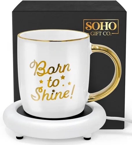 Taza de café con calentador, taza eléctrica motivacional para amantes del café, regalos para cumpleaños/Navidad, 12oz Born to Shine (caja de regalo)