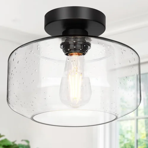 Miniatura 12 de Lámpara de techo industrial semiempotrada, bombilla LED de 800 lúmenes incluida, pantalla de vidrio texturizado, lámpara estilo granja para pasillo