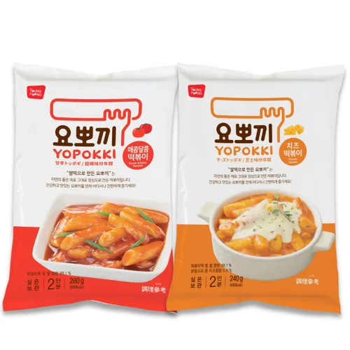 Yopokki Tteokbokki Instant Pack (Dulce y ligeramente picante con queso, paquete de 2) Comida callejera coreana con pastel de arroz Topokki - Rápido