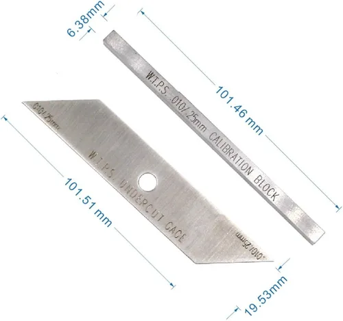Miniatura 2 de Calibrador de soldadura con bloque de calibración de 2 piezas con herramientas de inspección de profundidad de corte inferior y lectura métrica.