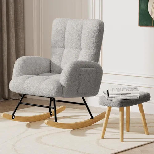 Miniatura 11 de LUCKLIFE Mecedora para guardería, silla mecedora tapizada de peluche con respaldo alto, silla de lectura, sillas mecedoras modernas con bolsillos