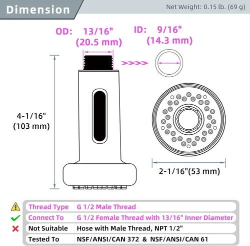 Angle Simple Reemplazo del rociador para fregadero de cocina, rosca macho tipo G 1/2 o 13/16 pulgadas, prueba NSF/ANSI/CAN 61 y 372, accesorio de