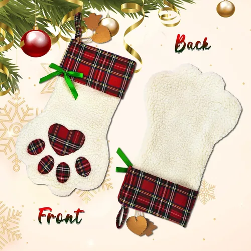 Miniatura 5 de Calcetines de Navidad personalizados para perros, patas de perro con nombre, sherpa sintético blanco con puño a cuadros rojos y detalles de hueso