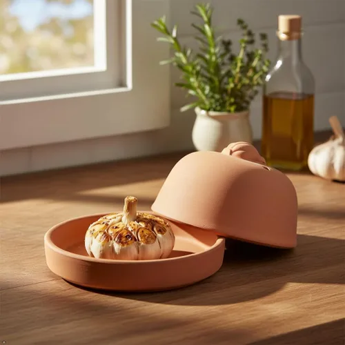 Miniatura 7 de Eurita Terra Cotta - Asador de ajo con tapa y ventilación de vapor, horneador de ajo de arcilla natural para horno o microondas, plato para asar ajo