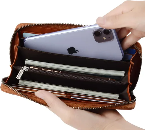 Miniatura 30 de VISOUL Cartera larga de cuero con cremallera para hombres y mujeres con bloqueo RFID, cartera larga de embrague grande con cremallera, Negro