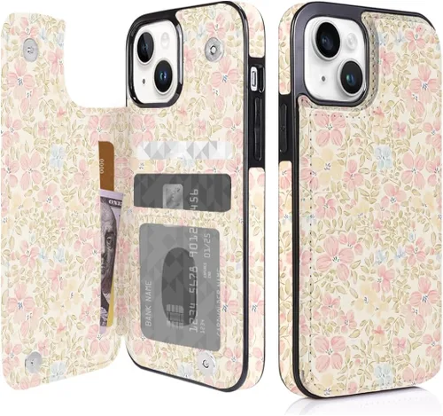 Miniatura 29 de Funda compatible con iPhone 14/15 con tarjetero y ranuras integradas de piel sintética con función atril y a prueba de golpes para iPhone 14/15