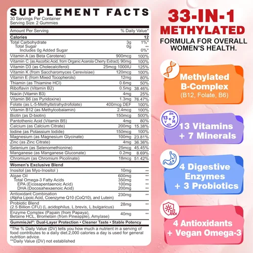 Miniatura 2 de Gomitas multivitamínicas para mujer, multivitamínico metilado para mujeres con omega-3, magnesio, enzimas, mezcla de probióticos y antioxidantes